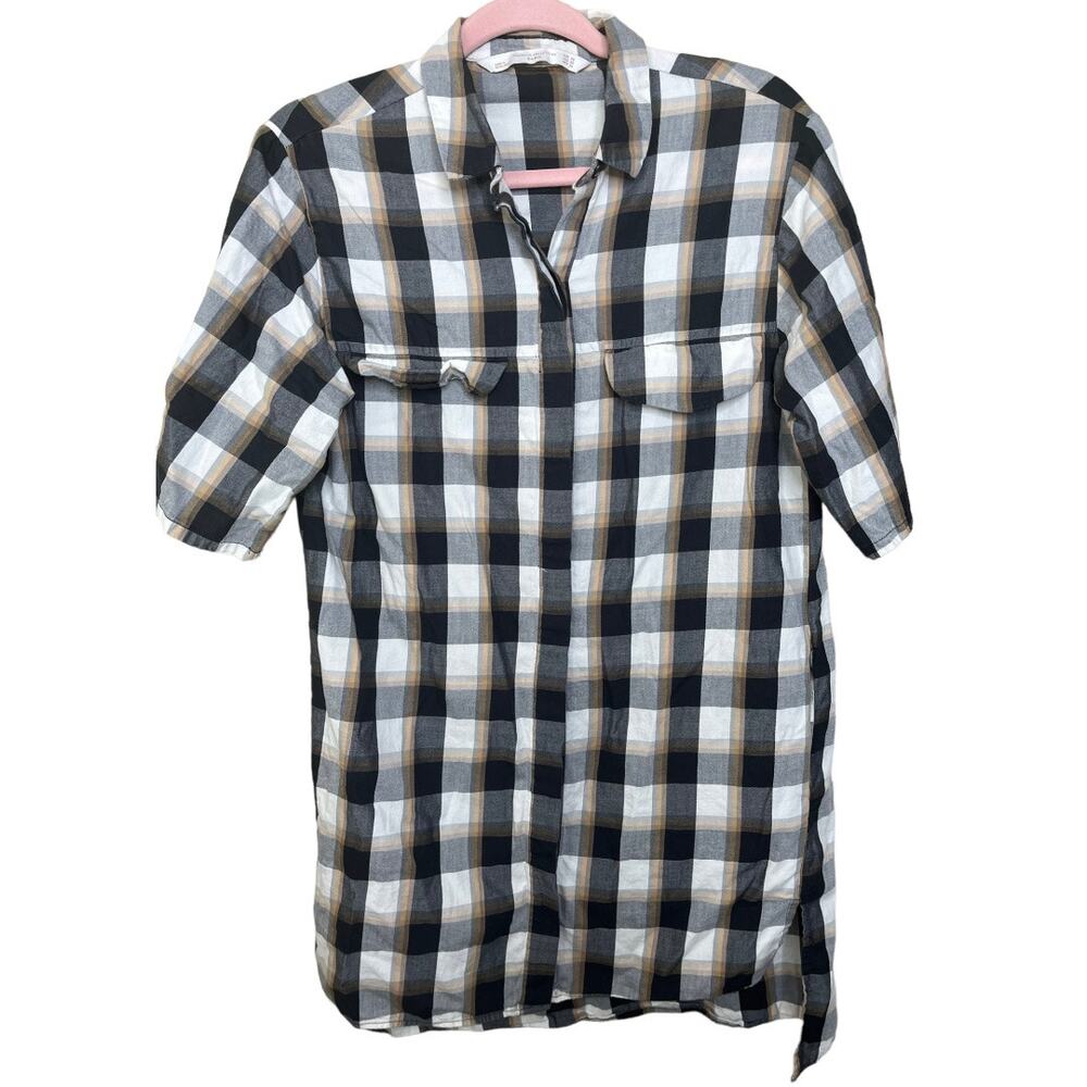 Zara Trafaluc black orange plaid short sleeve button shirt dress w/ pockets XS